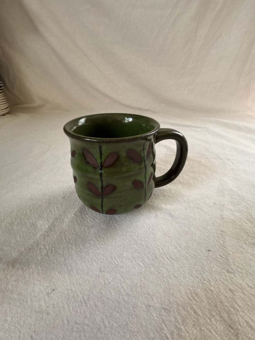 Vintage Mid-Century Modern Green Stoneware Mug with Hand-Painted Brown Leaf Patt